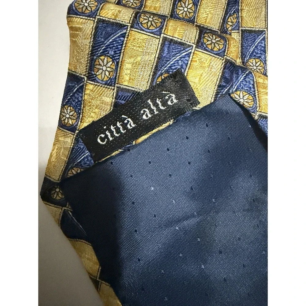 Citta Alta Mens Silk Necktie Gold Navy Blue Geometric Floral Medallion Check Tie